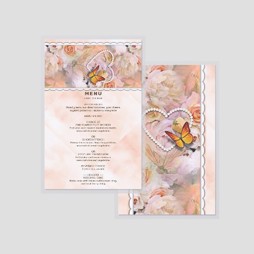 Heart Pearls Roses Butterflies Orange Wedding Menu