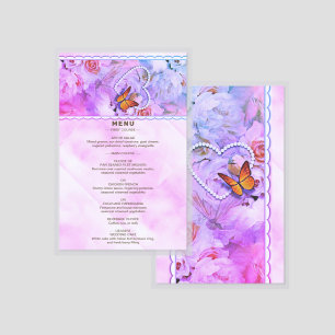 Heart Pearls Roses Butterflies Pink Wedding Menu