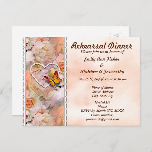 Heart Pearls Roses  Butterflies Rehearsal Dinner Invitation Postcard