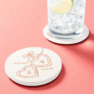 Heart Pendant Fun Wedding Monogram Round Paper Coaster
