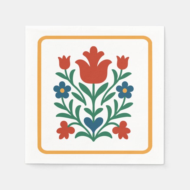 Heart & Petal Floral Folk Art Party Napkins (Front)