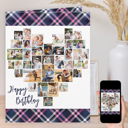 Heart Photo Collage 36 Pic Plaid Any Age Birthday Card