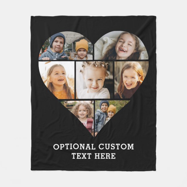 Heart Photo Collage 7 Picture Personalized Black Fleece Blanket (Front)