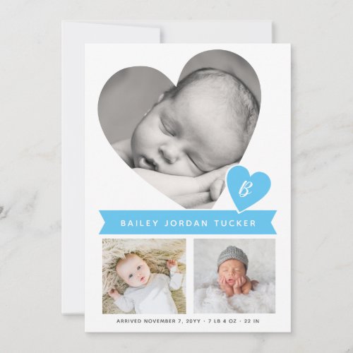 Heart Photo Collage Blue Gingham Baby Boy Birth Announcement