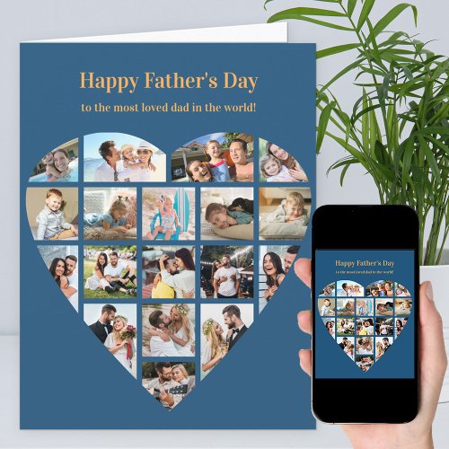 Heart Photo Collage Blue Personalized Fathers Day Card