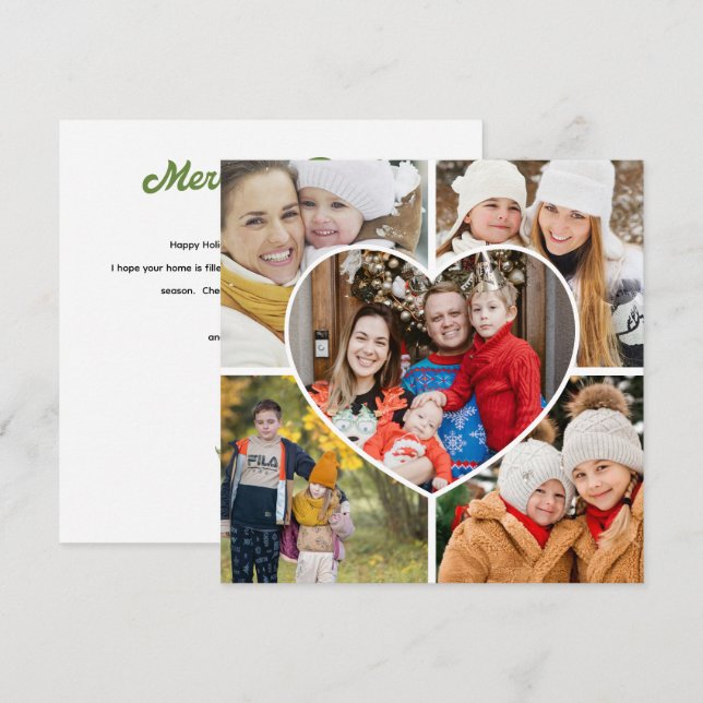 Heart Photo Collage Handwritten Merry And Bright Holiday Card (Front/Back)