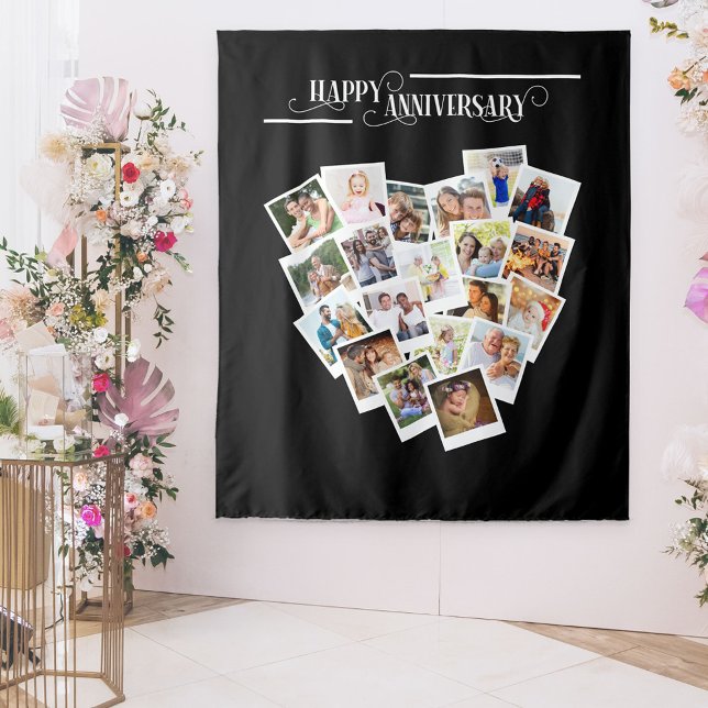 Heart Photo Collage Happy Anniversary Black Tapestry (Creator Uploaded)