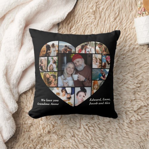 Heart Photo Collage I Love You Personalized Black Throw Pillow