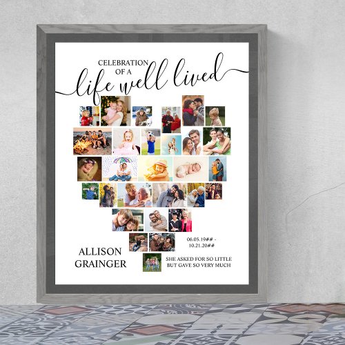 Heart Photo Collage Life Well Lived Custom Funeral Poster