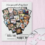 Heart Photo Collage Love You Marry Me Jigsaw Puzzle<br><div class="desc">Heart Shaped photo collage jigsaw with 20 of your favorite photos. Will You Marry Me? is lettered in elegant swirly calligraphy and your photos are displayed in square format on snapshot style backgrounds in a heart shape picture montage. You can also add your personalized text at the top, such as,...</div>
