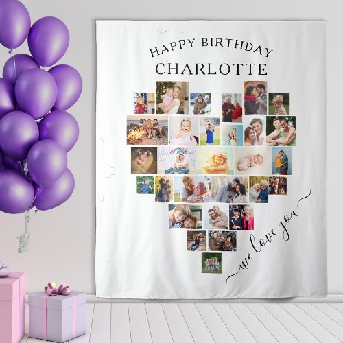 Heart Photo Collage Personalized Happy Birthday Tapestry