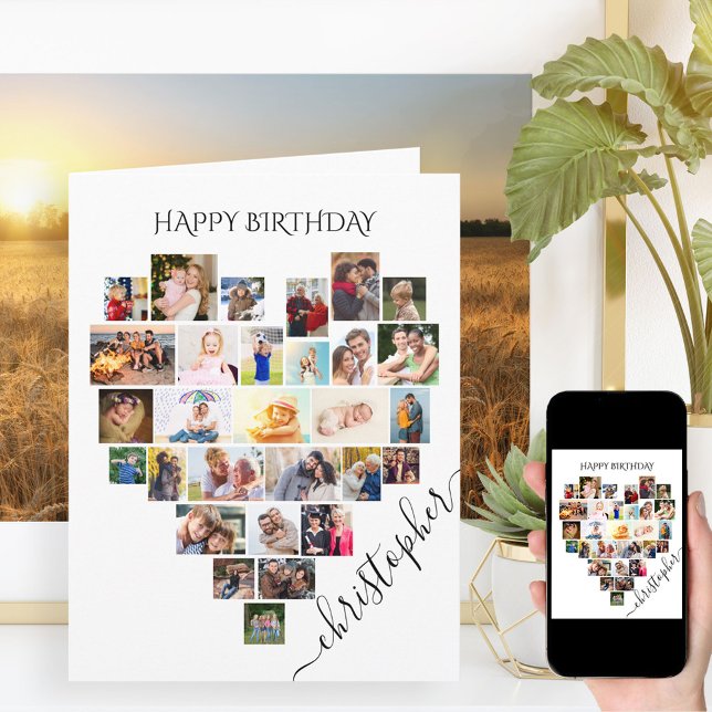 Heart Photo Collage Personalized Script Birthday Card (Creator Uploaded)