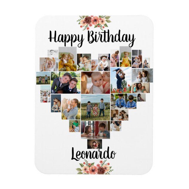 Heart Photo Collage Personalized Script Birthday Magnet (Vertical)