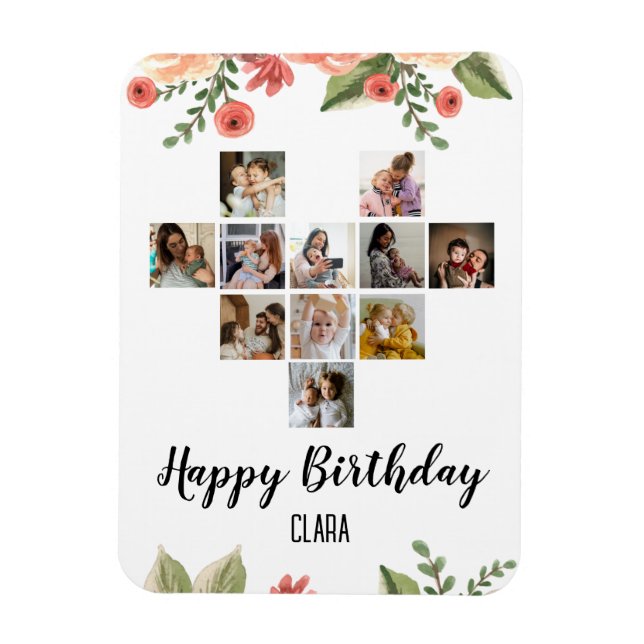 Heart Photo Collage Personalized Script Birthday Magnet (Vertical)