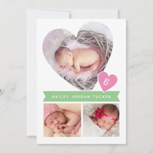 Heart Photo Collage Pink Green Baby Girl Birth Announcement