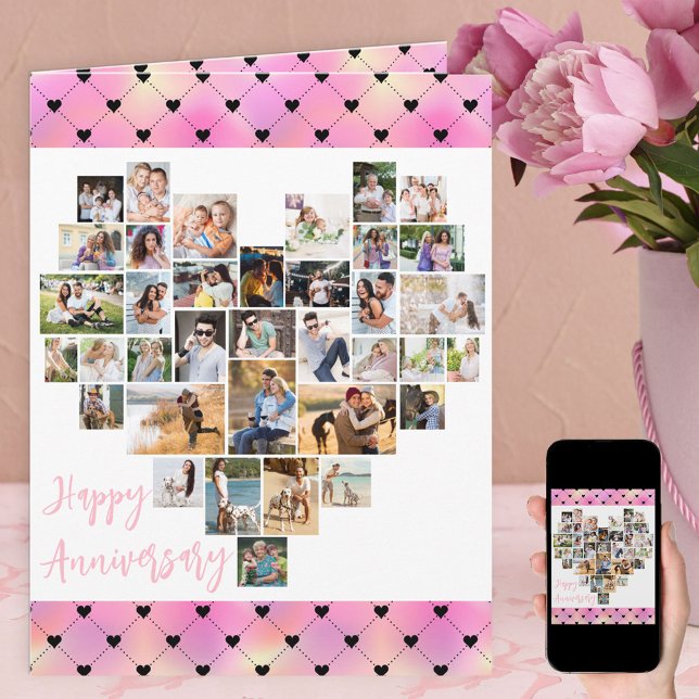 Heart Photo Collage Pink Love Hearts Anniversary Card (Creator Uploaded)