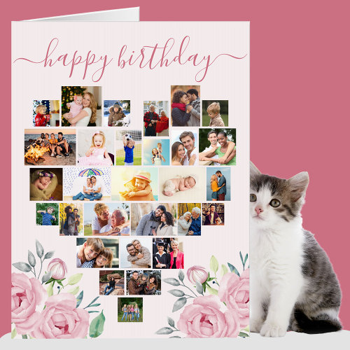 Heart Photo Collage Pink Peony Big Birthday Card