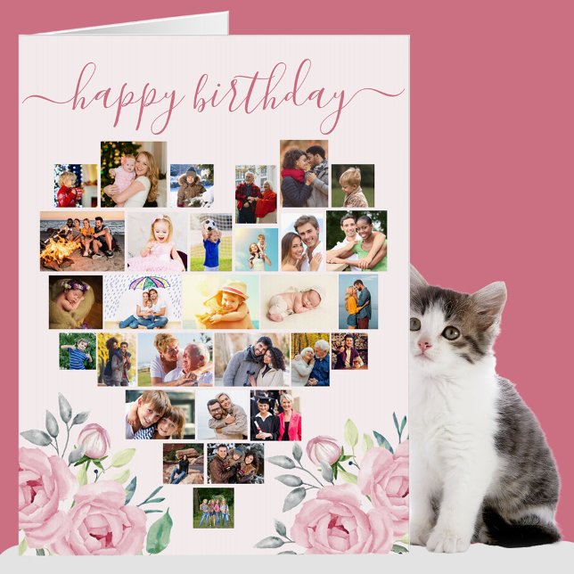 Heart Photo Collage Pink Peony Big Birthday Card (Creator Uploaded)