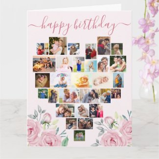 Heart Photo Collage Pink Peony Birthday Card