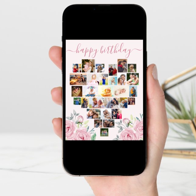 Heart Photo Collage Pink Peony Birthday Card (Front Digital)