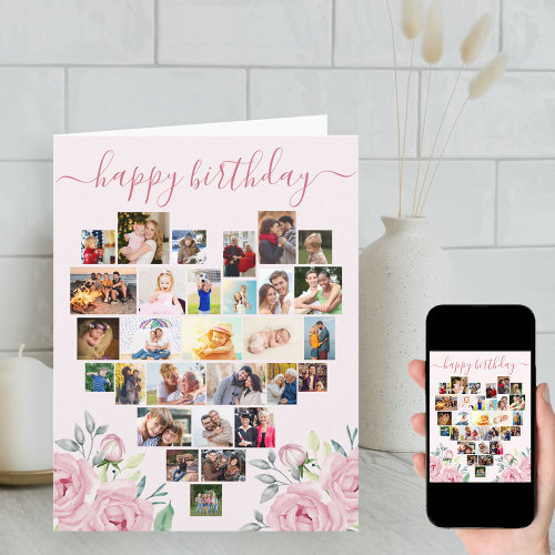 Heart Photo Collage Pink Peony Birthday Card