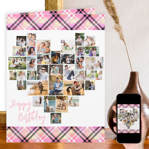 Heart Photo Collage Pink Plaid Any Age Birthday Card