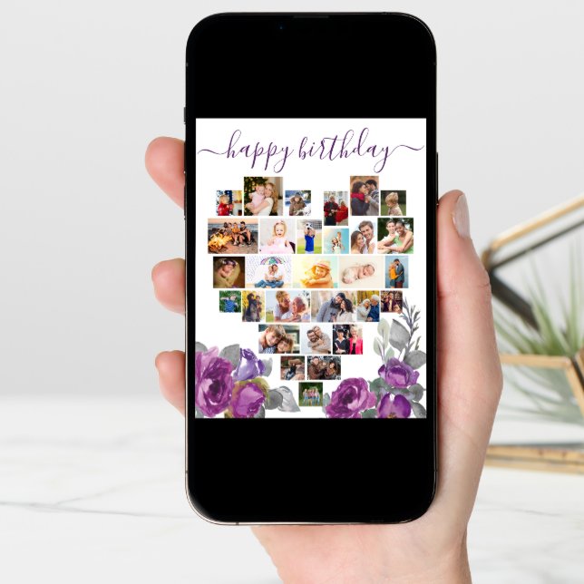 Heart Photo Collage Purple Floral Birthday Card (Front Digital)