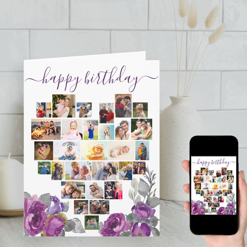 Heart Photo Collage Purple Floral Birthday Card