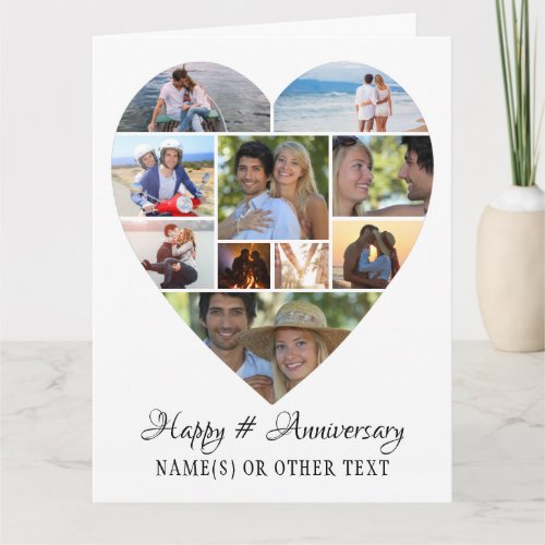 Heart Photo Collage Script Anniversary Card - Celebrate any year anniversary (or any occasion or event) with photo memories in a unique heart shaped photo collage. The heart photo collage holds 10 photos and the inside includes one on each side for a total of 12 pictures. The sample shown is for any year anniversary but all text is editable to customize and personalize for a unique and memorable keepsake greeting card for any occasion or event. ASSISTANCE:  For help with design modification/personalization, color change or transferring the design to another product, contact the designer BEFORE ORDERING via the Zazzle Chat MESSAGE tab or email makeitaboutyoustore@gmail.com.