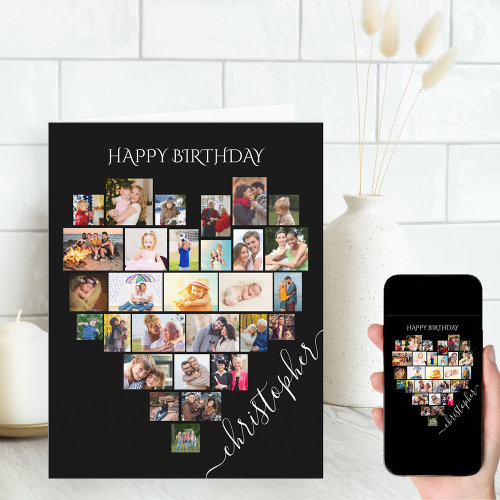 Heart Photo Collage Script Name Birthday Card