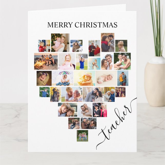 Heart Photo Collage Teacher Script Holiday Card (Front)