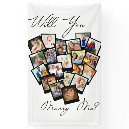 Heart Photo Collage Will You Marry Me Black White Banner