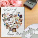 Heart Photo Collage Will You Marry Me Script Jigsaw Puzzle<br><div class="desc">Heart Shaped photo collage jigsaw with 20 of your favorite photos. Will You Marry Me? is lettered in handwritten script and your photos are displayed in square format on snapshot style backgrounds in a heart shape picture montage.</div>