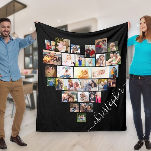 Heart Photo Collage with Script Name Fleece Blanket