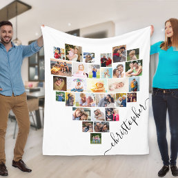 Heart Photo Collage with Script Name White Fleece Blanket