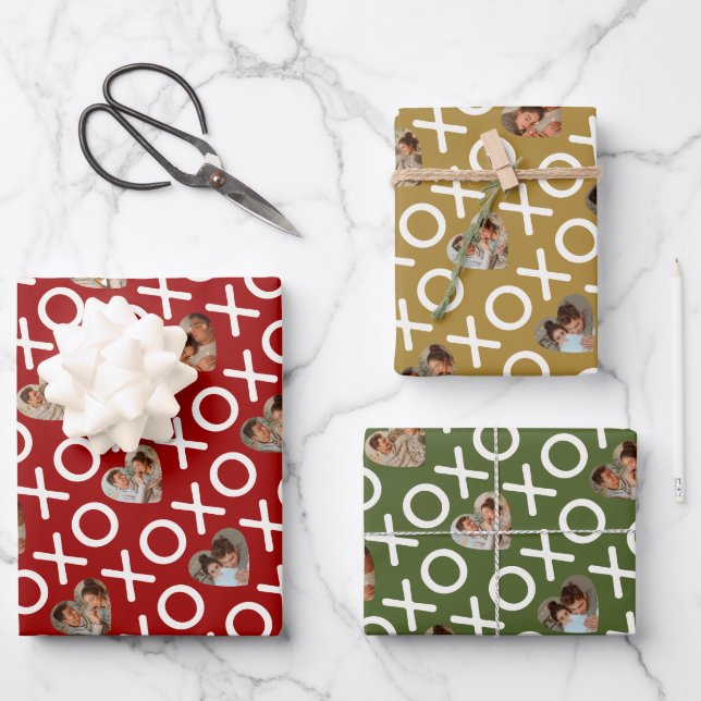 Heart Photo Collage XOXO Red Green Gold Wrapping Paper Sheets (Front)