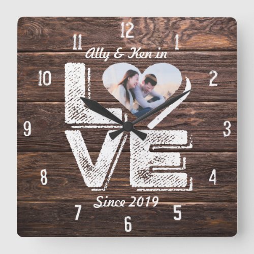 Heart Photo Frame Love Rustic Woodland Monogram Square Wall Clock