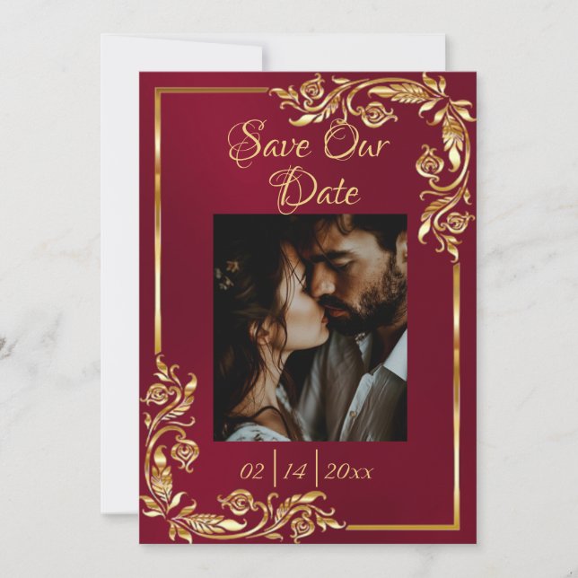 Heart, Photo & Gold Frame on Burgundy Save The Date (Front)