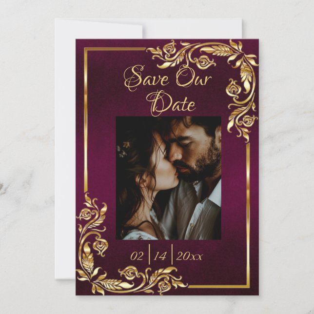 Heart, Photo & Gold Frame on Dark Purple Save The Date (Front)