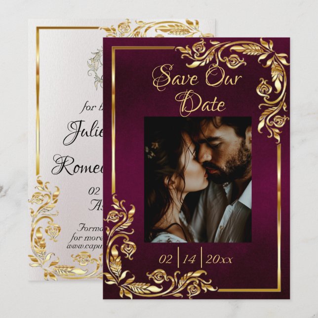 Heart, Photo & Gold Frame on Dark Purple Save The Date (Front/Back)