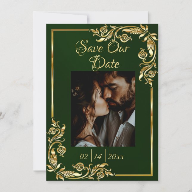 Heart, Photo & Gold Frame on Emerald Save The Date (Front)