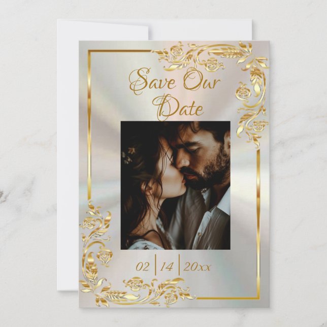 Heart, Photo & Gold Frame on White Pearl Save The Date (Front)
