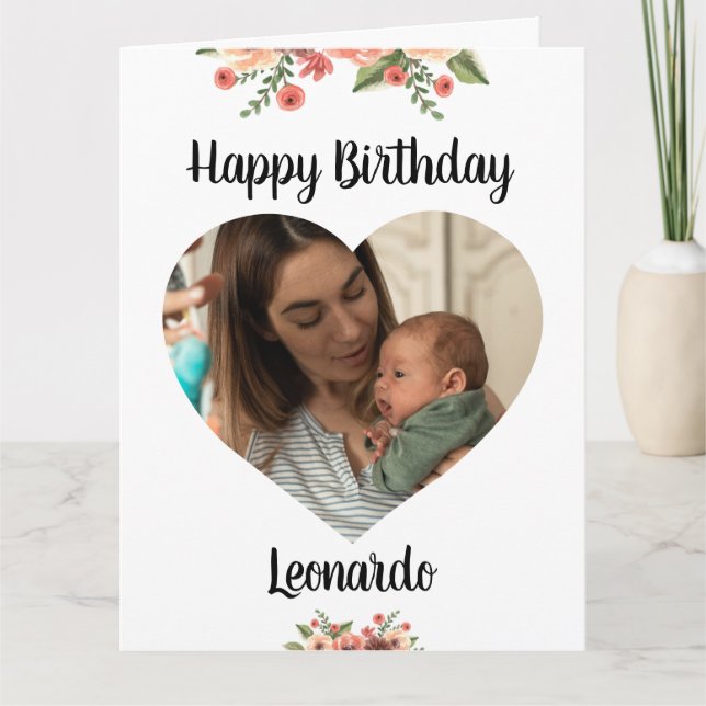 Heart Photo Personalized Script Birthday Card (Front)