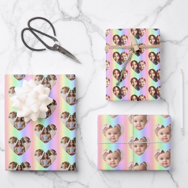 Heart Photo Personalized, Vertical Rainbow Wrapping Paper Sheets (Front)