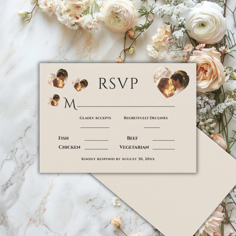 Heart Photo Simple Neutral Elegant Wedding RSVP Card
