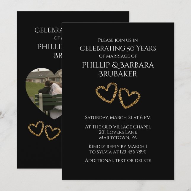 Heart Photos Golden 50th Wedding Anniversary Party Invitation (Front/Back)