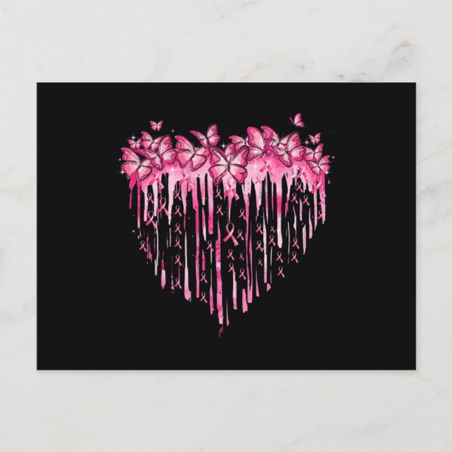 Heart Pink Ribbon Butterflies Breast Cancer Awaren Postcard (Front)