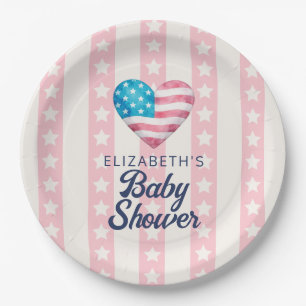 Heart & Pink Stars Stripes Girl Baby Shower Paper Plates