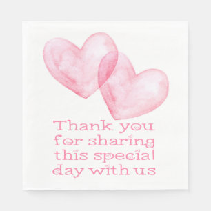 Heart Pink Watercolor Hearts Thank You Wedding Napkins