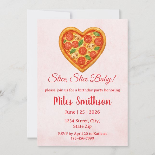 Heart Pizza Birthday Invitation | Red Checkered (Front)